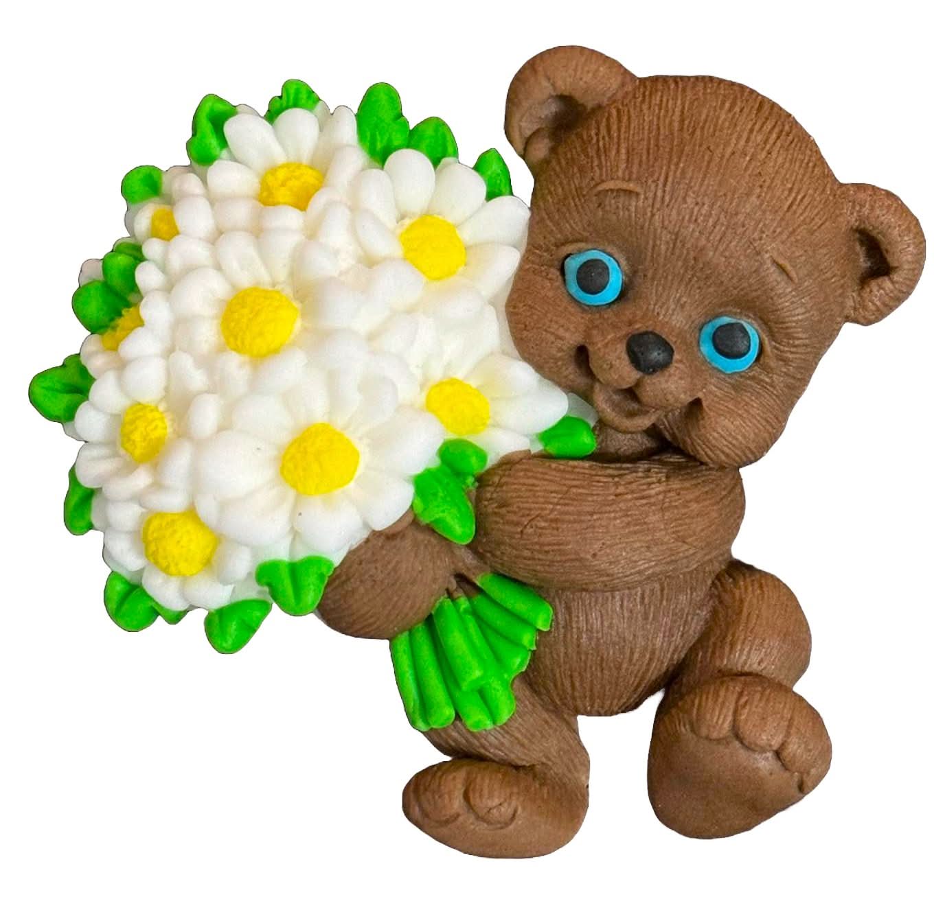 Decoratiune comestibila din zahar, ursulet cu buchet de flori Decoratiuni din Pasta de Zahar Nati Shop