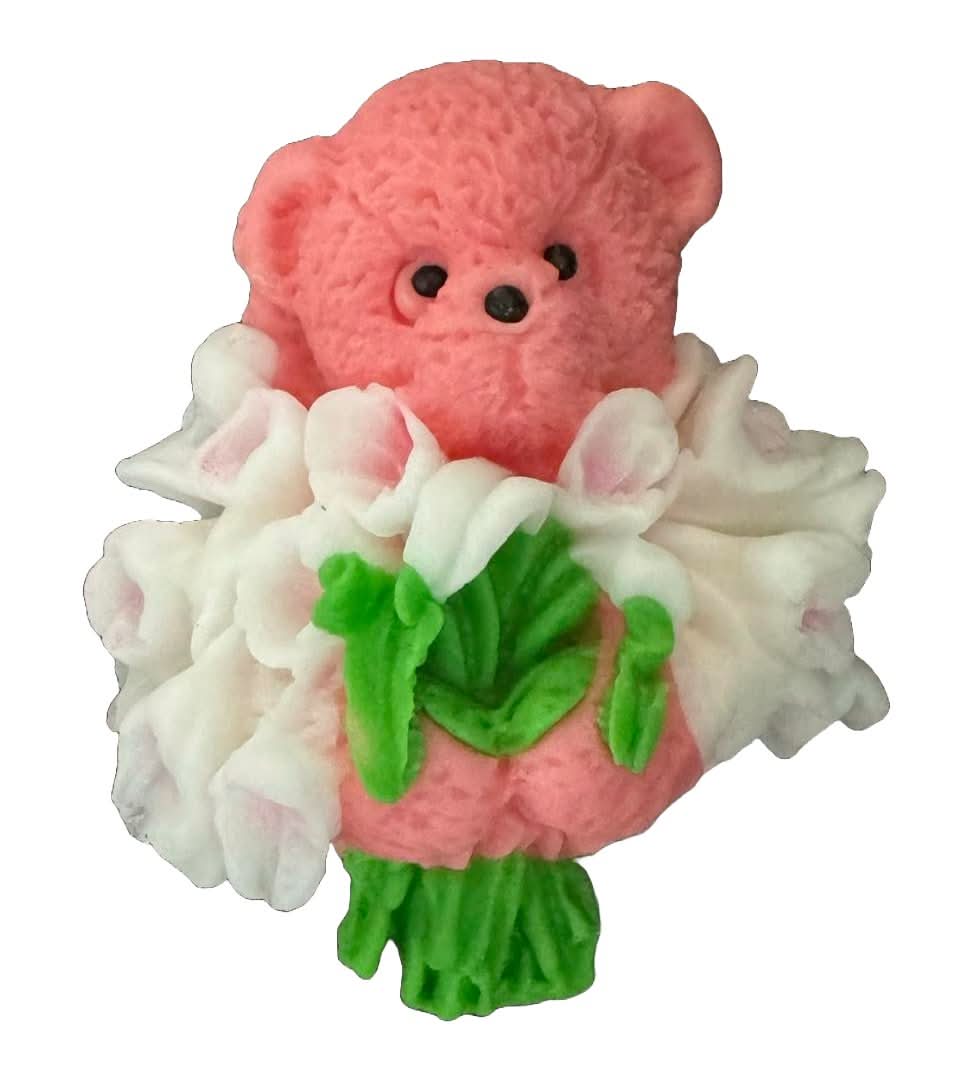 Decoratiune comestibila din zahar, Ursulet cu buchet de lalele Decoratiuni din Pasta de Zahar Nati Shop