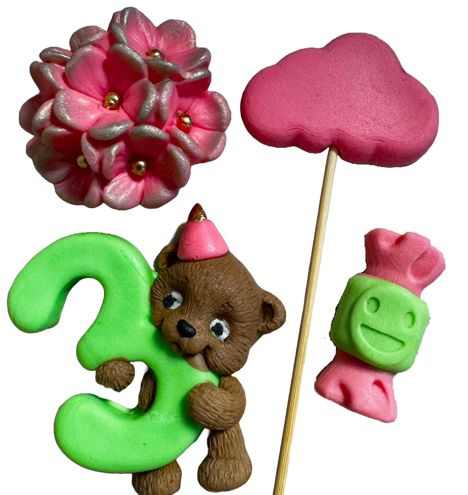 Set 4 decoratiuni comestibile din zahar, 3 ANI Decoratiuni din Pasta de Zahar Naty Shop