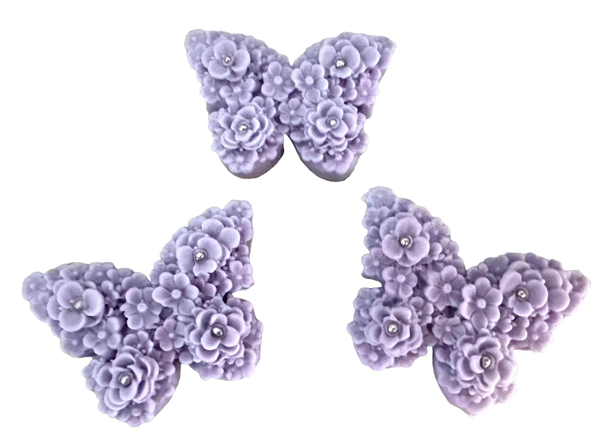 Set 3 decoratiuni comestibile din zahar, Fluturi mov lila Decoratiuni din Pasta de Zahar Nati Shop