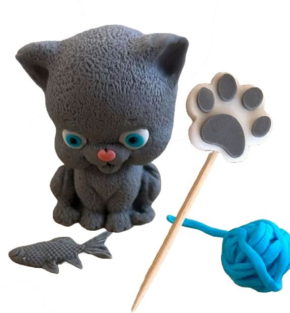 Set 4 decoratiuni comestibile din zahar, Pisicuta jucausa Decoratiuni din Pasta de Zahar Nati Shop