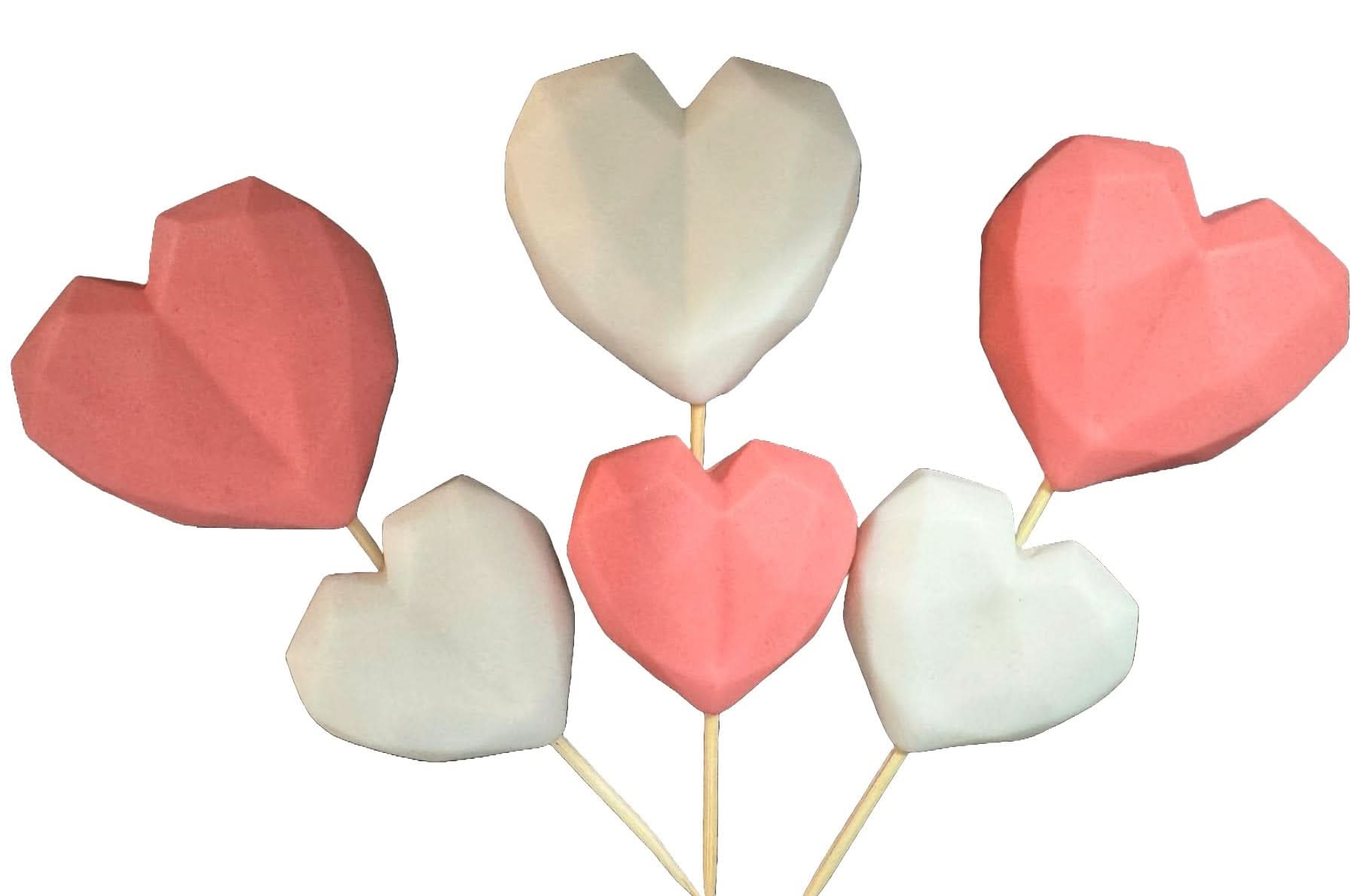 Set 6 decoratiuni comestibile din zahar, Inimi alb-roz Decoratiuni din Pasta de Zahar Nati Shop
